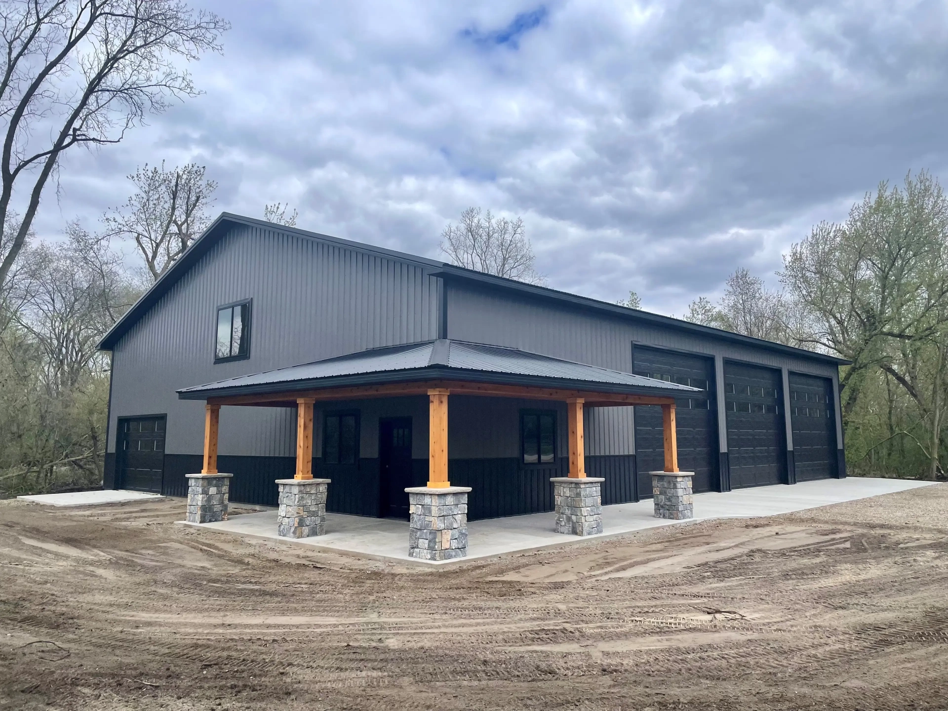 Modern pole barn at golden hour